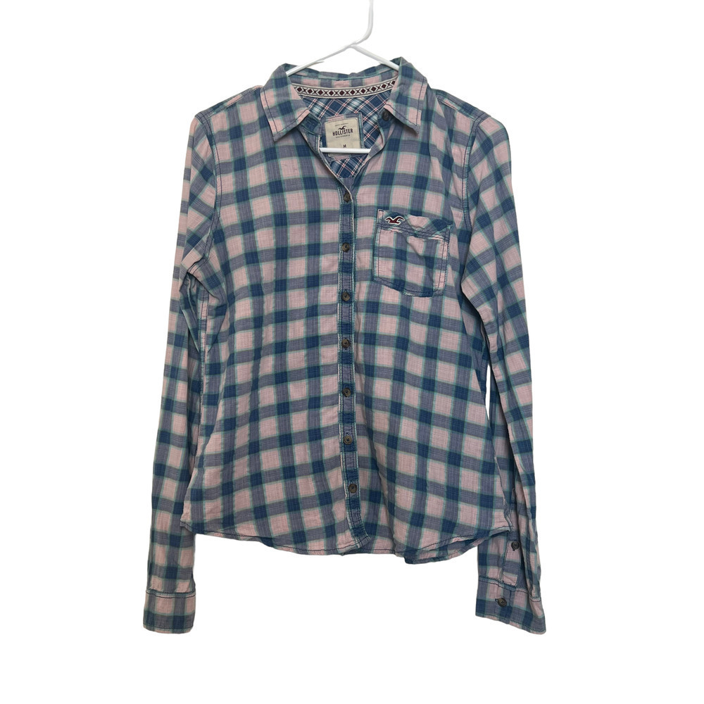 Hollister Pink and Blue Plaid Button Up Medium